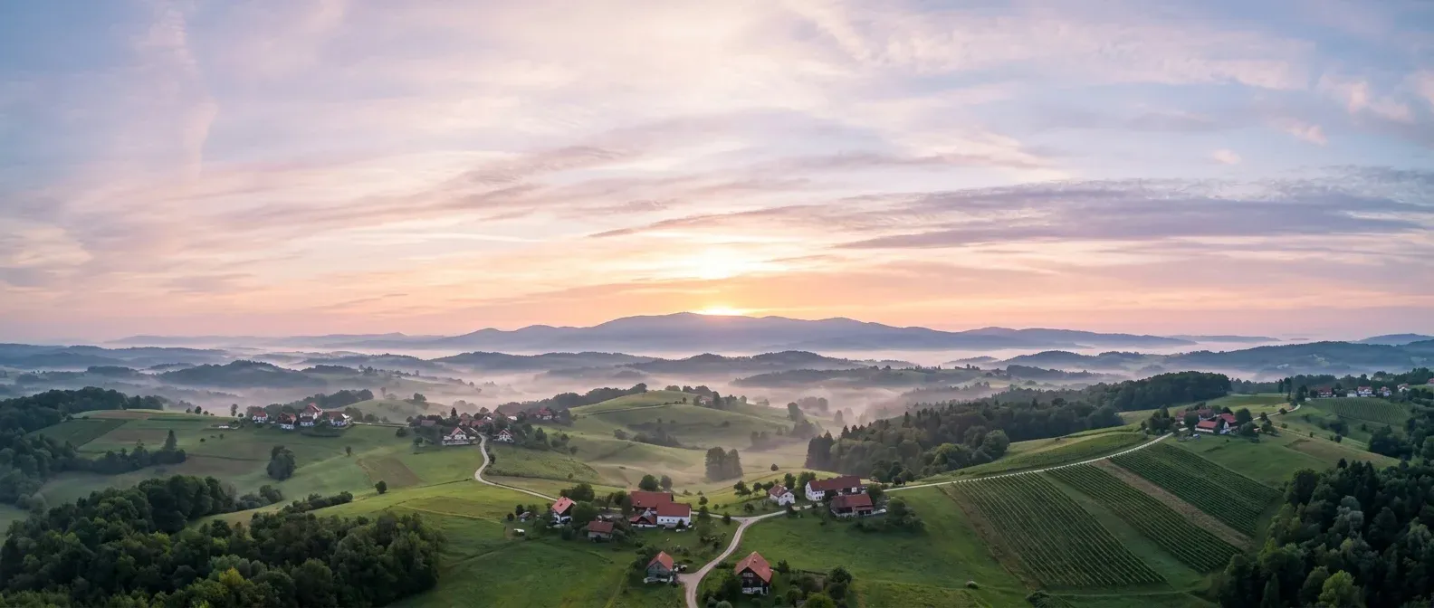 Mirno seosko imanje u zoru, pokriveno video nadzorom
